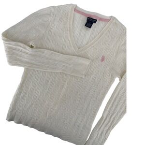 US Polo Assn Vintage 80's Cable Knit V-Neck Sweater Cream Pink Logo Size Large L